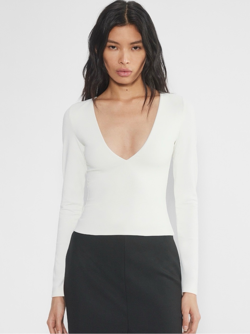 Babaton Contour White Deep V-Neck Long Sleeve Top